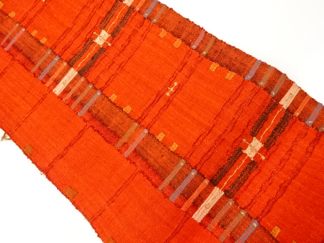リサイクル　手織り真綿紬縞に横段模様織出し名古屋帯